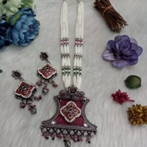 Necklace - German Silver Oxidized long Hydro Beads Necklace SCAOLN60-RedH