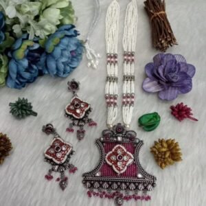 Necklace - German Silver Oxidized long Hydro Beads Necklace SCAOLN60-Red