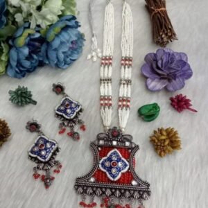 Necklace - German Silver Oxidized long Hydro Beads Necklace SCAOLN60-RedE