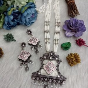 Necklace - German Silver Oxidized long Hydro Beads Necklace SCAOLN60-White