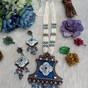 Necklace - German Silver Oxidized long Hydro Beads Necklace SCAOLN60-Blue