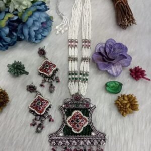 Necklace - German Silver Oxidized long Hydro Beads Necklace SCAOLN60-GreenA