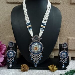 Necklace - German Silver Oxidized long Hydro Beads Necklace SCAOLN57-Blue
