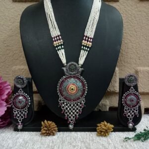 Necklace - German Silver Oxidized long Hydro Beads Necklace SCAOLN57-Ruby Green