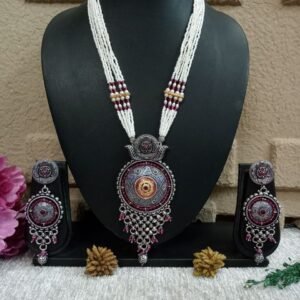 Necklace - German Silver Oxidized long Hydro Beads Necklace SCAOLN57-Ruby