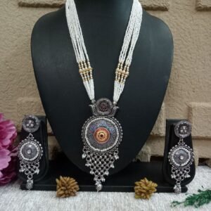 Necklace - German Silver Oxidized long Hydro Beads Necklace SCAOLN57-white
