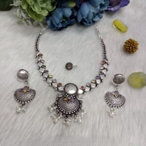Necklace - Copper Brass Silver Oxidized Necklace with Earrings SCAON71 Multi