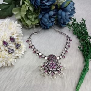 Necklace - Copper Brass Silver Oxidized Necklace with Jhumka SCAON70 Ruby