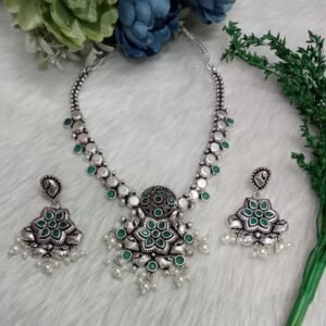 Necklace - Copper Brass Silver Oxidized Necklace with Earrings SCAON70 Green
