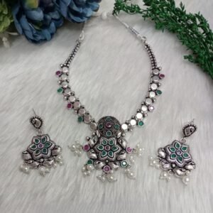 Necklace - Copper Brass Silver Oxidized Necklace with Earrings SCAON70 Ruby Green