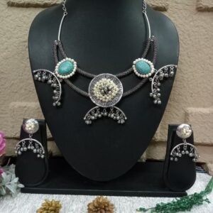 Necklace - German Silver-Plated Oxidized Brass Ghungroo Statement Necklace SCAON15-Sky Blue