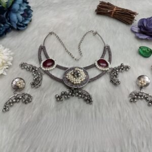 Necklace - German Silver-Plated Oxidized Brass Ghungroo Statement Necklace SCAON15-Mahroon