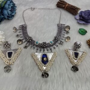 Necklace - German Silver-Plated Oxidized Brass Monalisa Stone Statement Necklace SCAON13-Blue