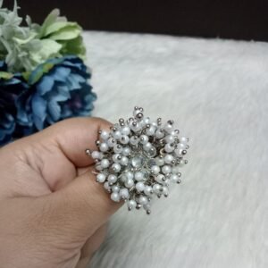 Ring - Brass Silver Oxidized AD Stone Gajra Moti Size Adjustable Ring SCAOR63