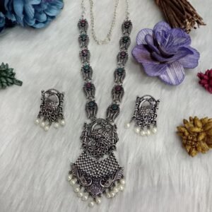 Necklace - Silver Oxidized Brass Peacock Design Hand Made Stone Necklace with Studs SCAON5A