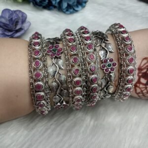 Oxidized Bangles - Silver Oxidized Alloy Metal 6 Bangle & kada Set Combo