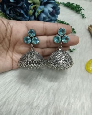 Jhumka - Brass Silver Oxidized Medium size AD Jhumka SCA35030