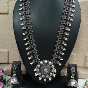 Long Necklace - Brass Silver Oxidized Flower Statement Long Necklace SCAOLN19-Black