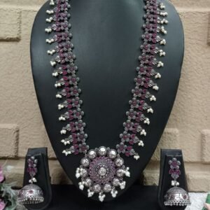 Long Necklace – Brass Silver Oxidized Flower Statement Long Necklace SCAOLN19-Ruby