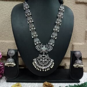 Necklace - Brass Silver Oxidized Long Necklace SCAOLN22-Crystal