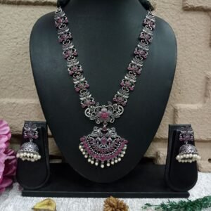 Necklace - Brass Silver Oxidized Long Necklace SCAOLN22-Ruby