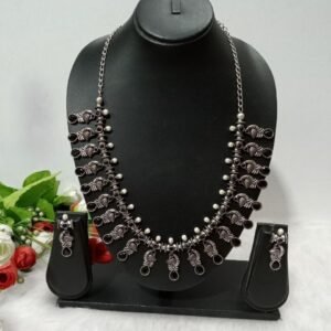 Necklace - GS Plated Silver Oxidized AD Stone long Peacock Necklace SCAOLN46-Black