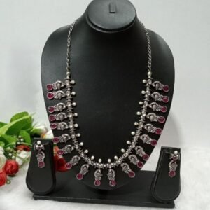 Necklace - GS Plated Silver Oxidized AD Stone long Peacock Necklace SCAOLN46- Ruby Crystal
