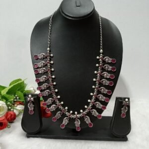 Necklace - GS Plated Silver Oxidized AD Stone long Peacock Necklace SCAOLN46- Ruby