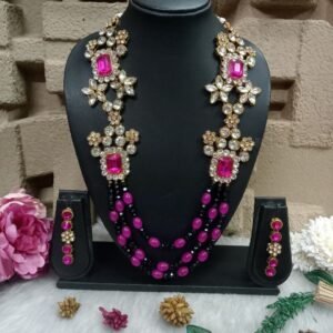 Necklace - Antique Golden Metallic Black & Rani Beads Glass Kundan Necklace