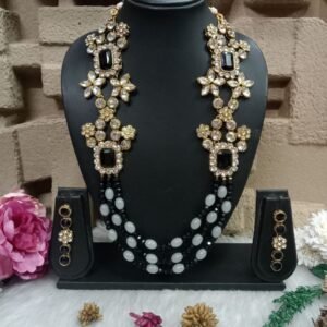 Necklace - Antique Golden Metallic Black & Grey Beads Glass Kundan Necklace