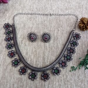 Necklace - Brass Silver Oxidized AD Stone Necklace SCAON44-Ruby Green