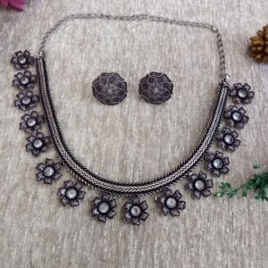 Necklace - Brass Silver Oxidized Stone Necklace SCAON44-Crystal