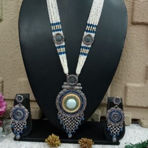 Necklace - German Silver Oxidized Copper Hydro Beads Long Necklace SCAOLN58-Blue