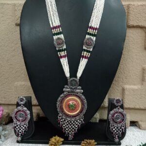 Necklace - German Silver Oxidized Copper Hydro Beads Long Necklace SCAOLN58-Ruby Green