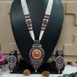 Necklace - German Silver Oxidized Copper Hydro Beads Long Necklace SCAOLN58-Ruby