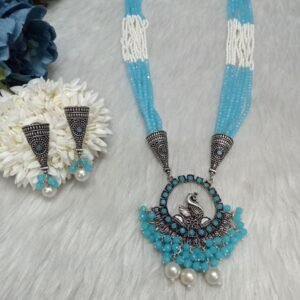 Necklace - Brass Silver Oxidized Peacock Sky Blue Crystal & Jaco Beads Necklace SCAON97