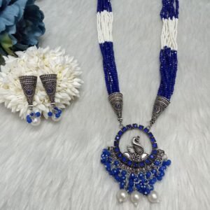 Necklace - Brass Silver Oxidized Peacock Blue Crystal & Jaco Beads Necklace SCAON97