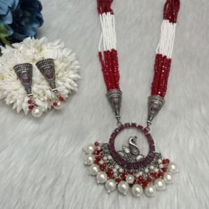 Necklace - Brass Silver Oxidized Peacock Red Crystal & Jaco Beads Necklace SCAON97