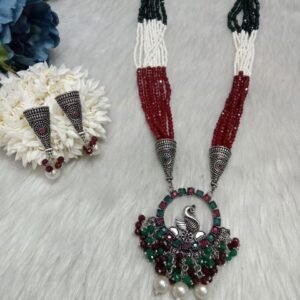 Necklace - Brass Silver Oxidized Peacock Crystal & Jaco Beads Necklace SCAON97