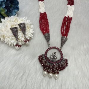 Necklace - Brass Silver Oxidized Peacock Dark Mahroon Crystal & Jaco Beads Necklace SCAON97
