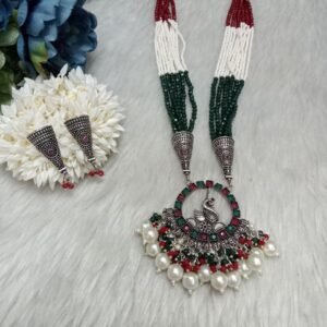 Necklace - Brass Silver Oxidized Peacock Crystal & Jaco Beads Necklace SCAON97