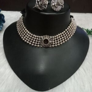 Necklace - Brass Silver Oxidized Tea Cup Necklace Cum Choker SCAOC17