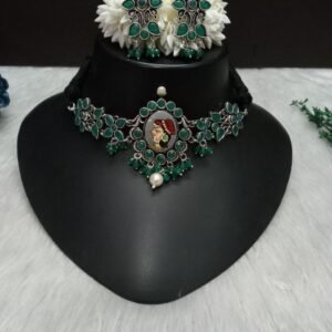 Choker - Brass Silver Oxidized Green Color Meena Choker SCAOC7A