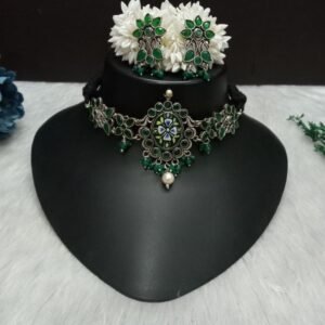 Choker - Brass Silver Oxidized Green Color Meena Choker SCAOC7B