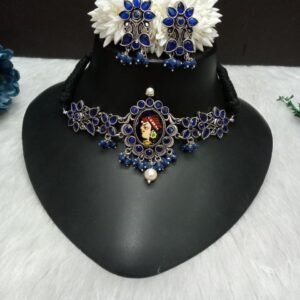 Choker - Brass Silver Oxidized Blue Color Meena Choker SCAOC7
