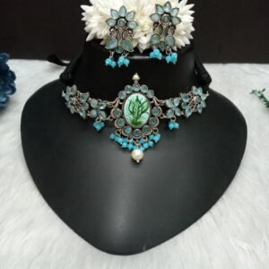 Choker - Brass Silver Oxidized Sky Blue Color Meena Choker SCAOC7