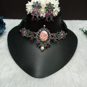 Choker - Brass Silver Oxidized Ruby Green Color Meena Choker SCAOC7A