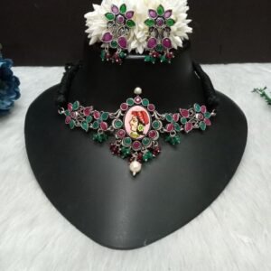 Choker - Brass Silver Oxidized Ruby Green Color Meena Choker SCAOC7B