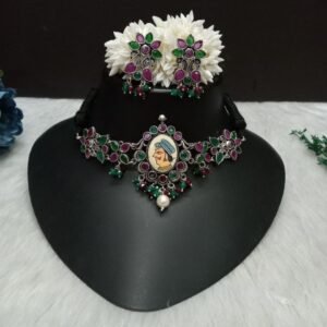 Choker - Brass Silver Oxidized Ruby Green Color Meena Choker SCAOC7C