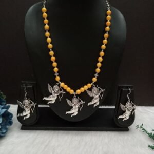 Necklace : Brass Silver Oxidized Yellow Color Glass Beads Long Angel Necklace